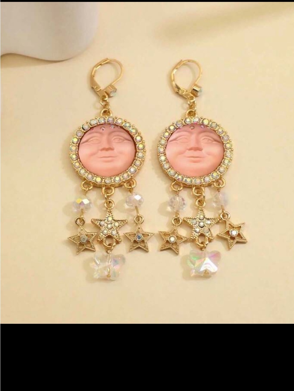 Gold-Tone Pink Moon Face & Star Dangle Earrings